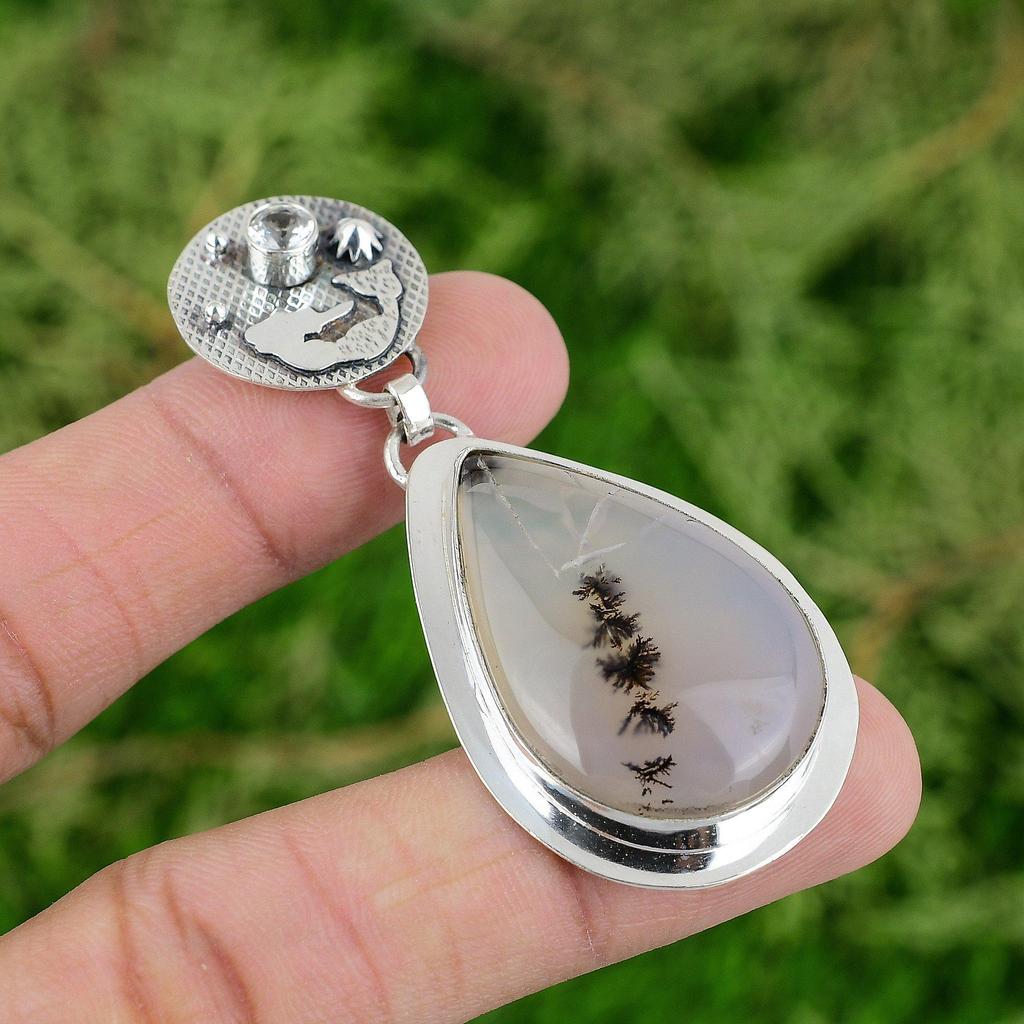 Pear Montana Agate Stone White Topaz Mermaid Engagement Pendant Sterling Silver