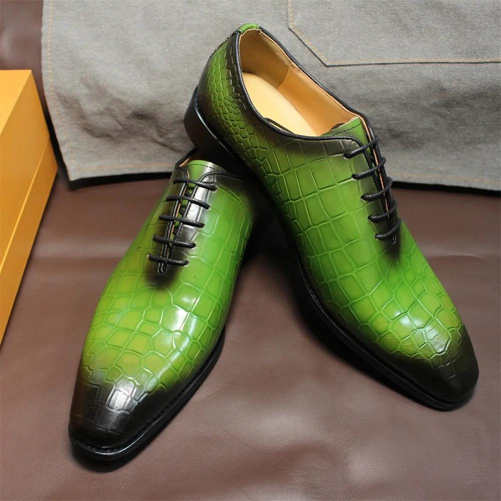 FELIX CHU Men's Genuine Cow Leather Shoes Crocodile Print Business Green Dress Shoes Formal Wedding Footwear for Spring Autumn