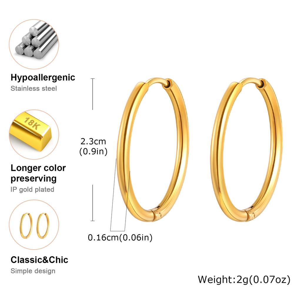 Vnox Simple Thin Stainless Steel Earrings For Women Girls, 13-23mm 18K Gold Plated Huggies, Non-allergic Jewelry 1.6mm Wire