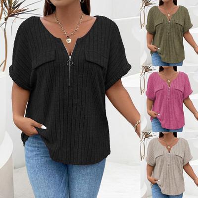 2024 Einfarbiges Pullover-T-Shirt mit Reißverschluss für Damen mit falscher Tasche, große Größe, kurze Ärmel, lockere Passform.