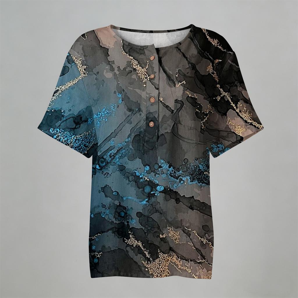 Women Short Sleeve Henley Button Neck Shirt Linen Cotton Blend Casual Chest Pocket Printed Top