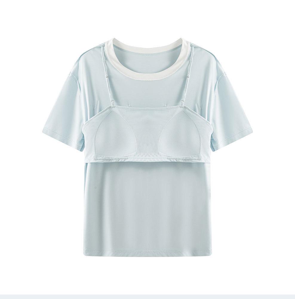 Ice Cloud Cool Feel Color-Blocked Round Neck Short Sleeve Pocket Pajamas with Cups