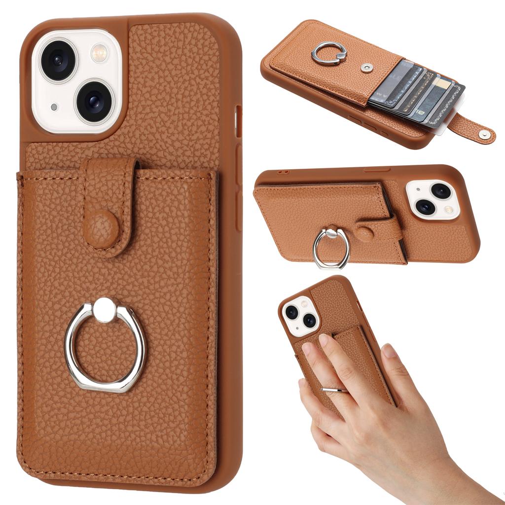 For iPhone 14/13 Case Drawing Type Card Slots Litchi Texture Leather Back Cover with Ring Kickstand
