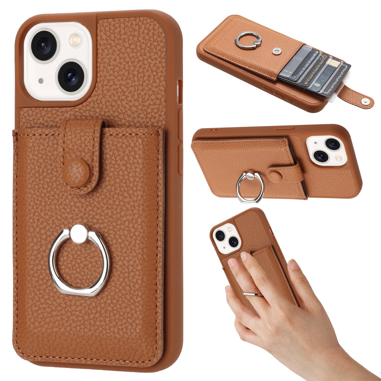 

For iPhone 15 Case Drawing Type Card Slots Litchi Texture Leather Back Cover with Ring Kickstand Brown