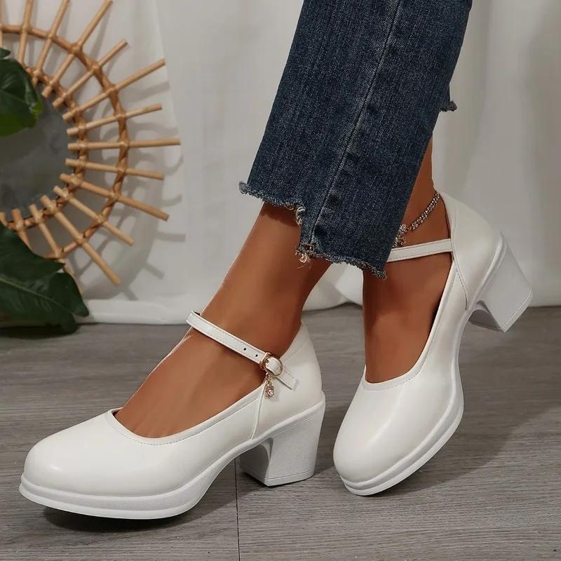 Fashion Chunky Heel Pumps Round Women Toe Ankle Strap Mary Shoes for Women Elegant High Heels Office Shoes Plus Size Chaussure Femme