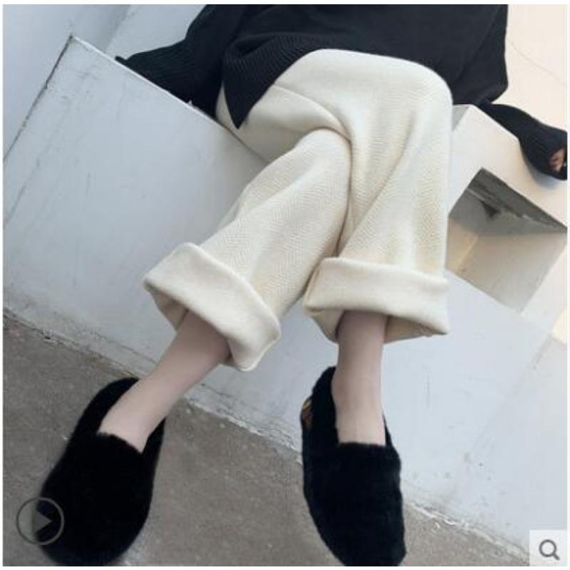 

Осенне-зимние женские широкие шерстяные брюки осенне-зимние свободные прямые трикотажные брюки с высокой талией женские повседневные простые длинные брюки больших размеров 2700 2XL молочный белый