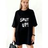 Oversized T Shirt Dress Black Shut Up Text Print Casual Streetwear Fashion Statement Outfit For Women