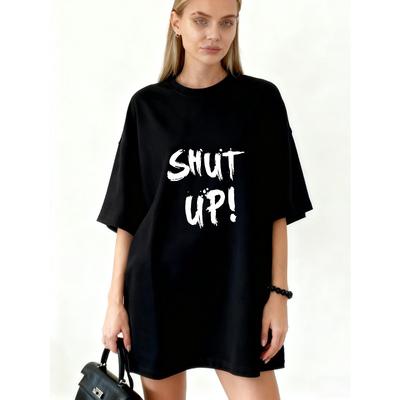 Vestido Camiseta Oversize Negro Estampado de Texto 'Shut Up' Moda Urbana Casual Declaración de Moda Conjunto Para Mujeres