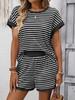 2026 Summer Women's Fashion Round Neck Patchwork Short Sleeve Shorts Casual Two-Piece Set