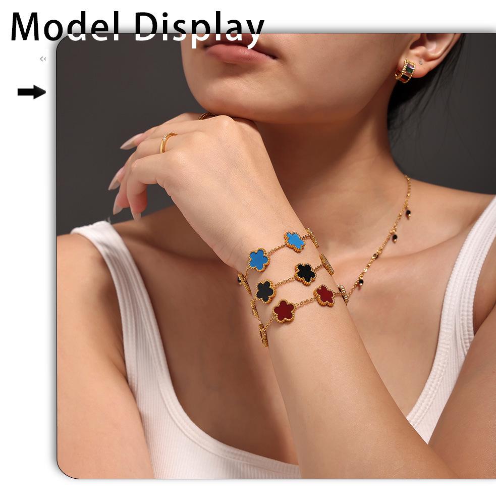 Qiongyao Multi-Color Agate Five-Petal Flower Stainless Steel Bracelet – Light Luxury, Best Friend Gift, In Stock.