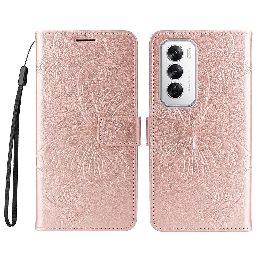 

Для Oppo Reno12 5G (Глобальный) Чехол-кошелек Кожаный чехол для телефона с цветочным тиснением и бабочками Подставка Rose Gold