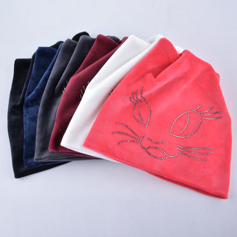 Winter Beanie Hats For Women Cut Hat With Rhinestone Cat Pattern Beanie with Ear Velvet Hat For Girl