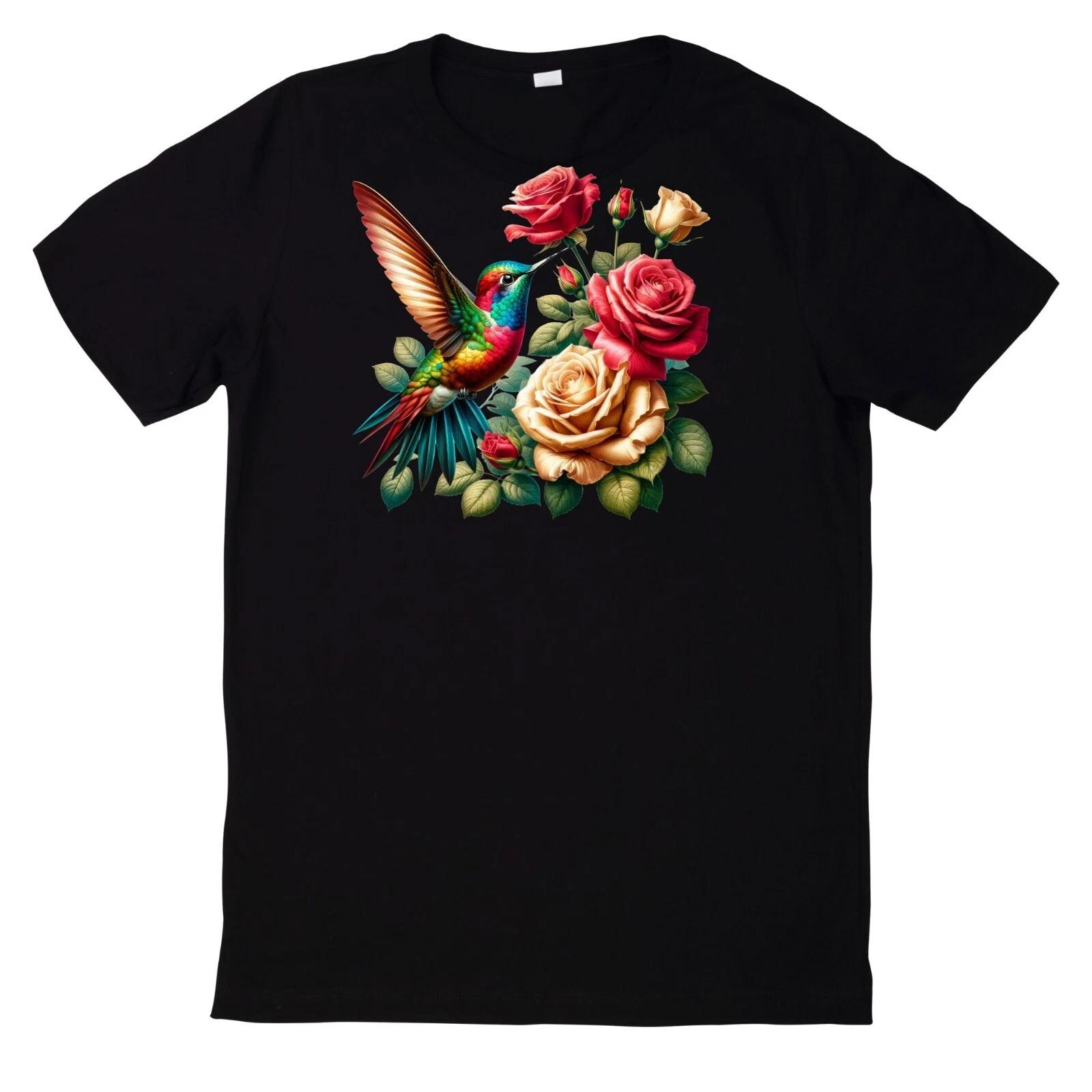 T-Shirt Buntes Kolibri mit Blumen Motiv L