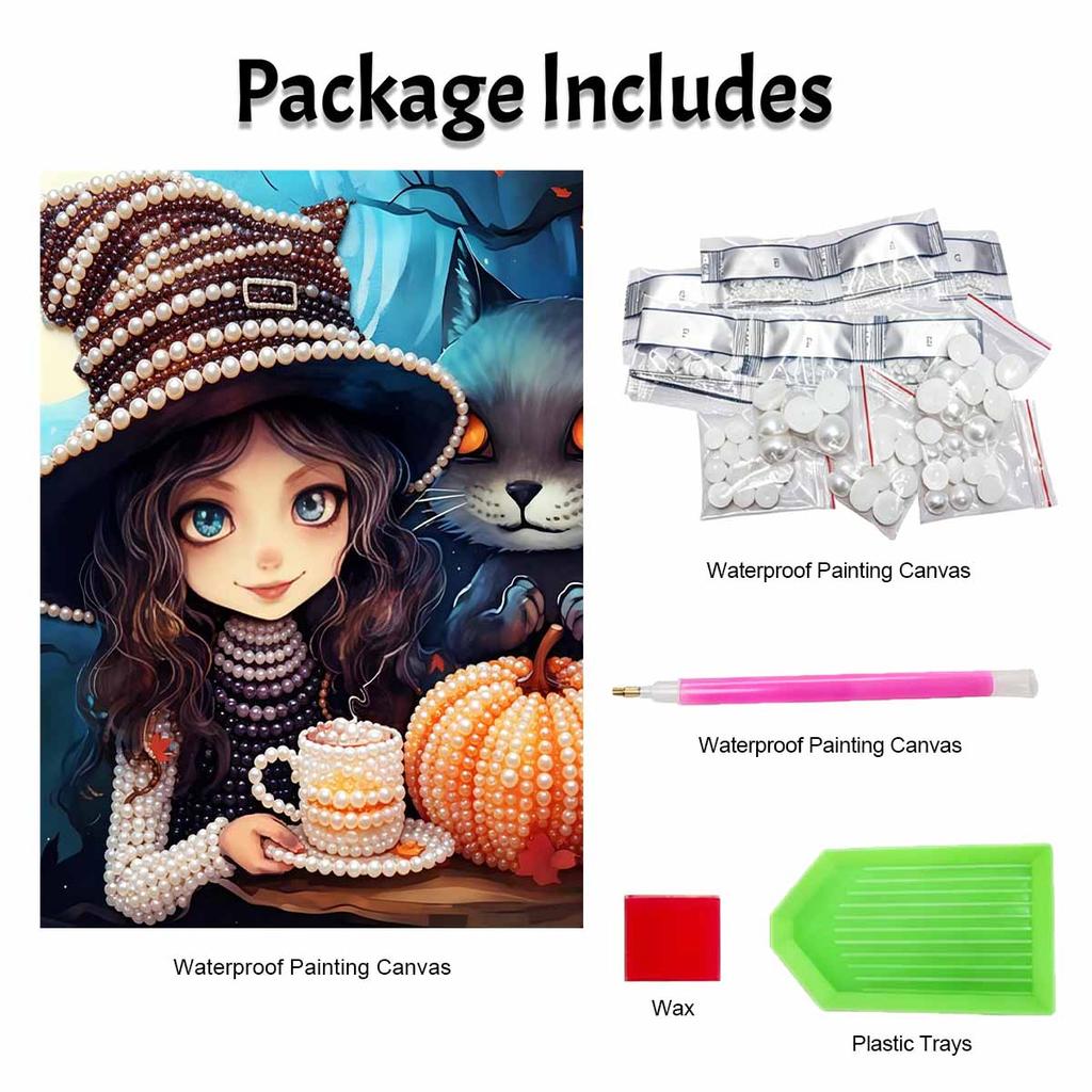 Pearl Painting DIY Kit Frameless Cute Witch With Cat Pumpkin Coffee Halloween Pattern Shiny Bead Art Canvas Creative Wall Decor Gift Idea