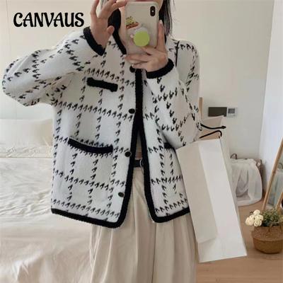 Fall and Winter Fashion Round Neck Pockets Long Sleeve Loose Tweed Women's Cardigan Jacket