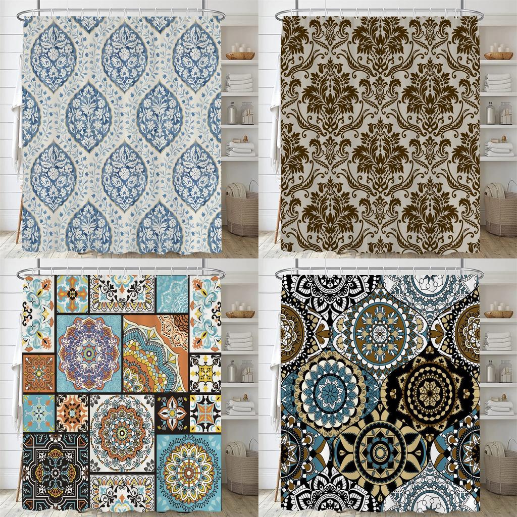 Europäischer Floral Böhmischer Stil Bedruckter Duschvorhang Mit Haken, Wasserdichter Duschvorhang, Duschvorhänge Für Badezimmer