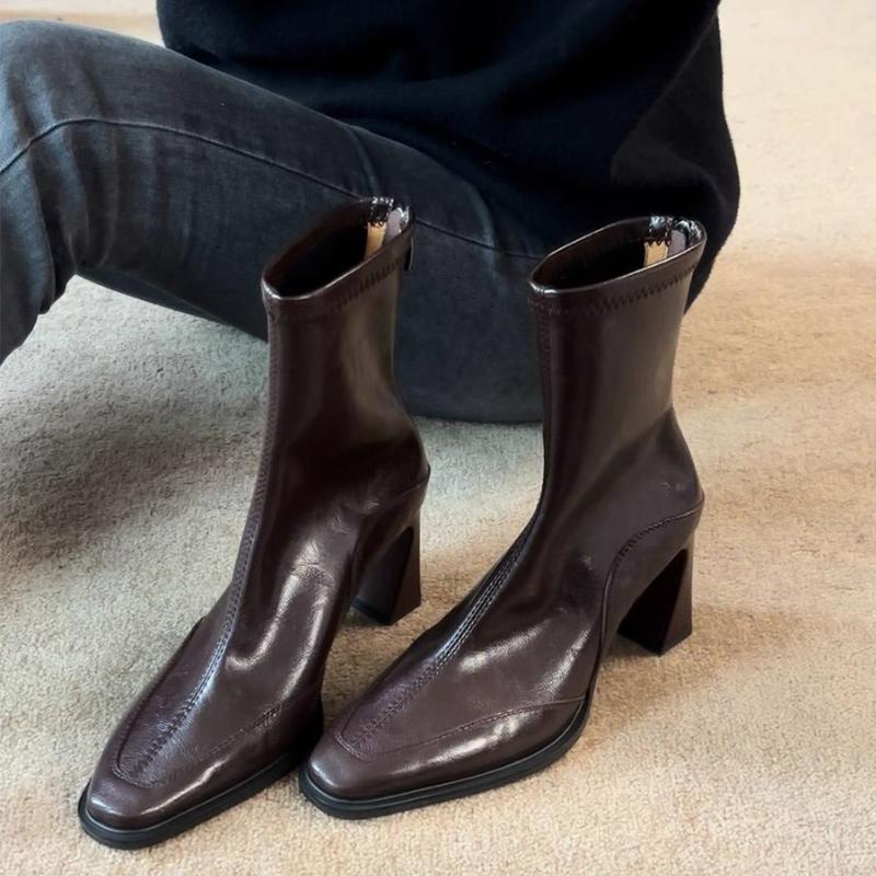 

Мода 2025 Новые Винтажные Женские Ботильоны на Высоком Каблуке Модные Ботильоны с Квадратным Носком Осенне-Зимняя Женская Обувь Botas Mujer 39