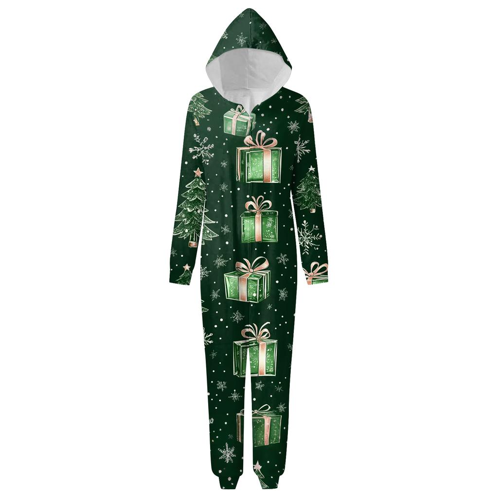 Christmas Print Family Matching Hooded Long Sleeved Zippered Jumpsuit Set