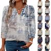 Women's Fashion Casual V Neck Loose Fit Three Quarter Sleeve Top Floral Print Lightweight Blouse Button Detail