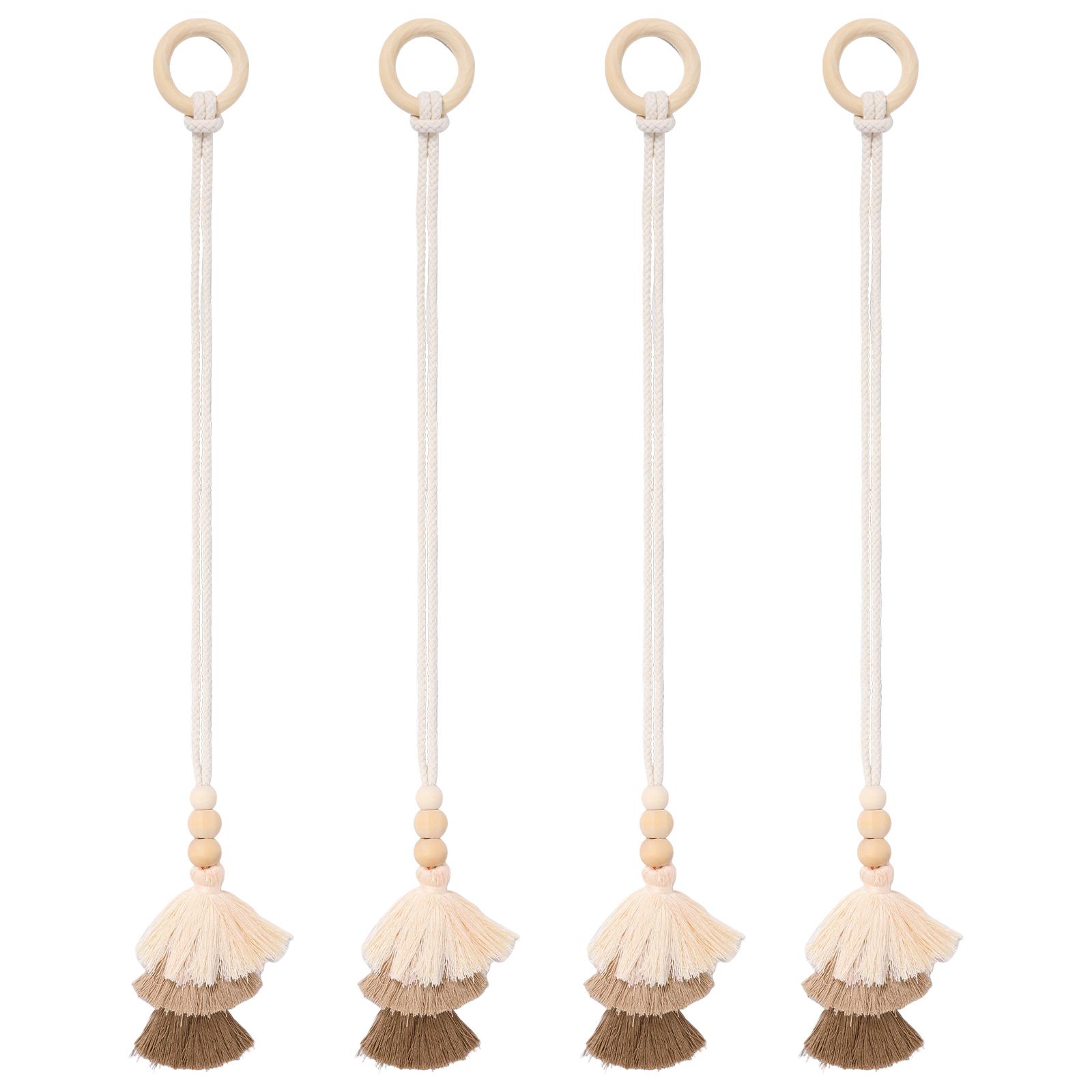 

4Pcs Fringed Curtain Tiebacks Handmade Wooden Ring Curtain Tie Back Boho Drapery Curtain Holdbacks for Home Bedroom Window Decor