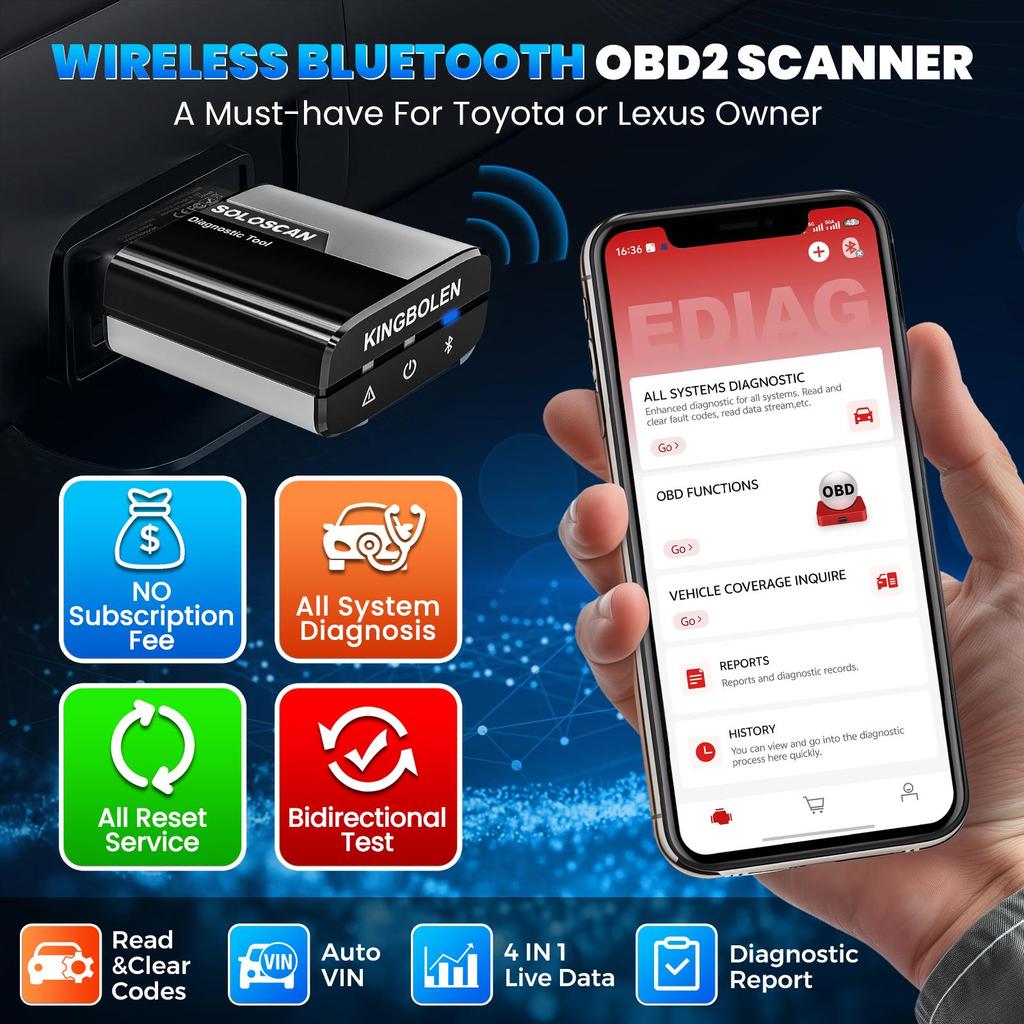 Outil de diagnostic OBD2 KINGBOLEN Soloscan pour Toyota/Lexus, Outil de diagnostic de voiture pour tous les systèmes, Codage ECU bidirectionnel, Mise à jour gratuite à vie