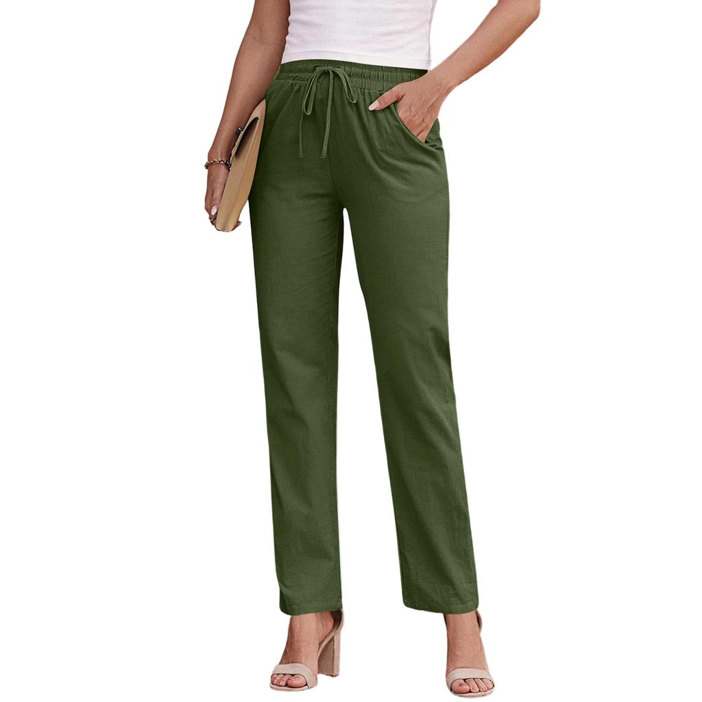 Pantaloni Casual Larghi in Cotone e Lino da Donna alla Moda con Coulisse, Vita Elastica e Tasche