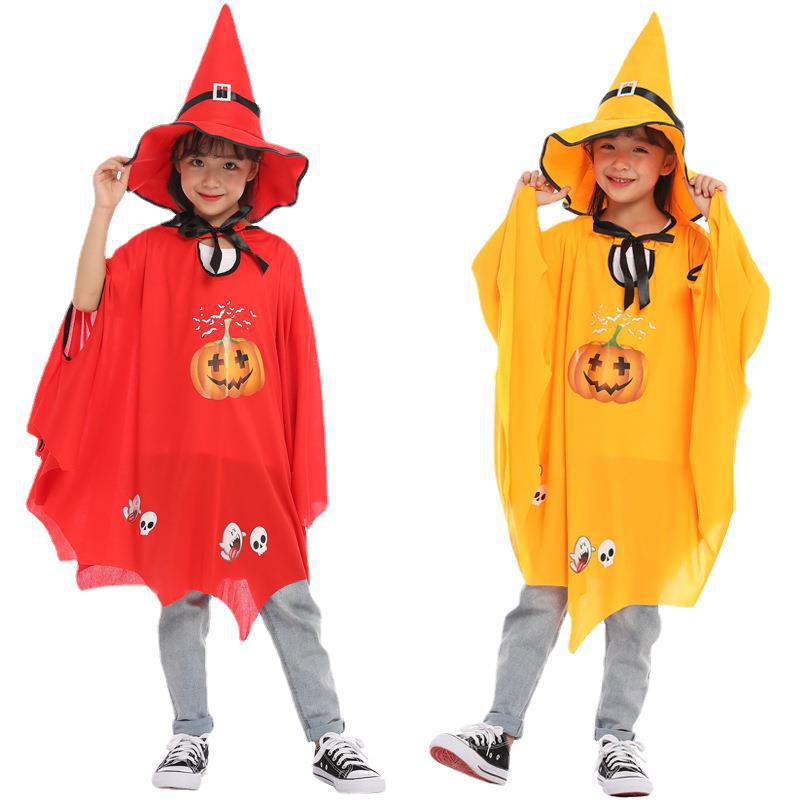Dětský kostým čarodějnice: Halloweenská sada pláště a čepice s motivem dýně
