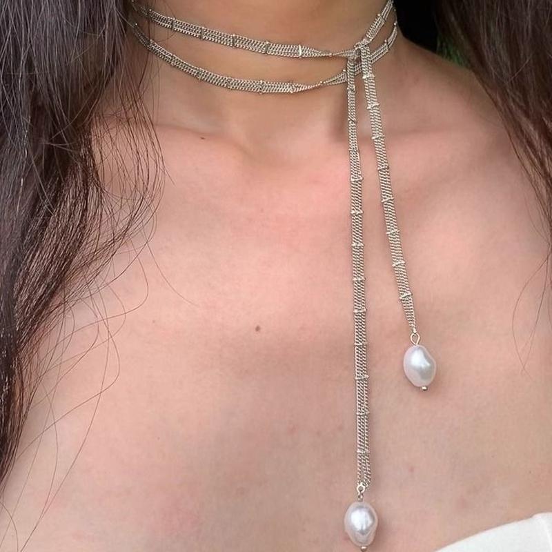 

Luxury Metal Double-Layer Chain Beads Pendant Necklace for Women Simple Y-Shaped Stretchable Long Necklace Banquet Zircon Gifts