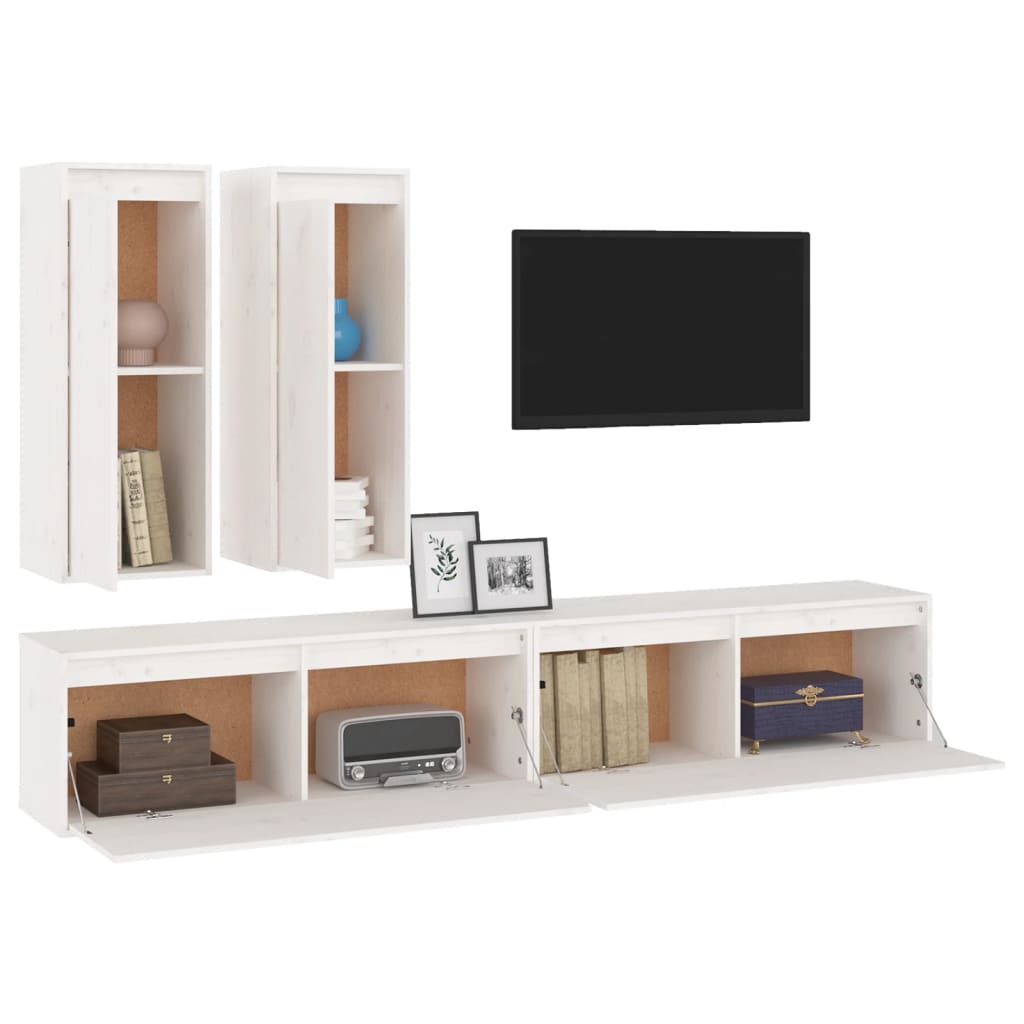 TV Cabinets Set of 4 White Solid Pine Wood