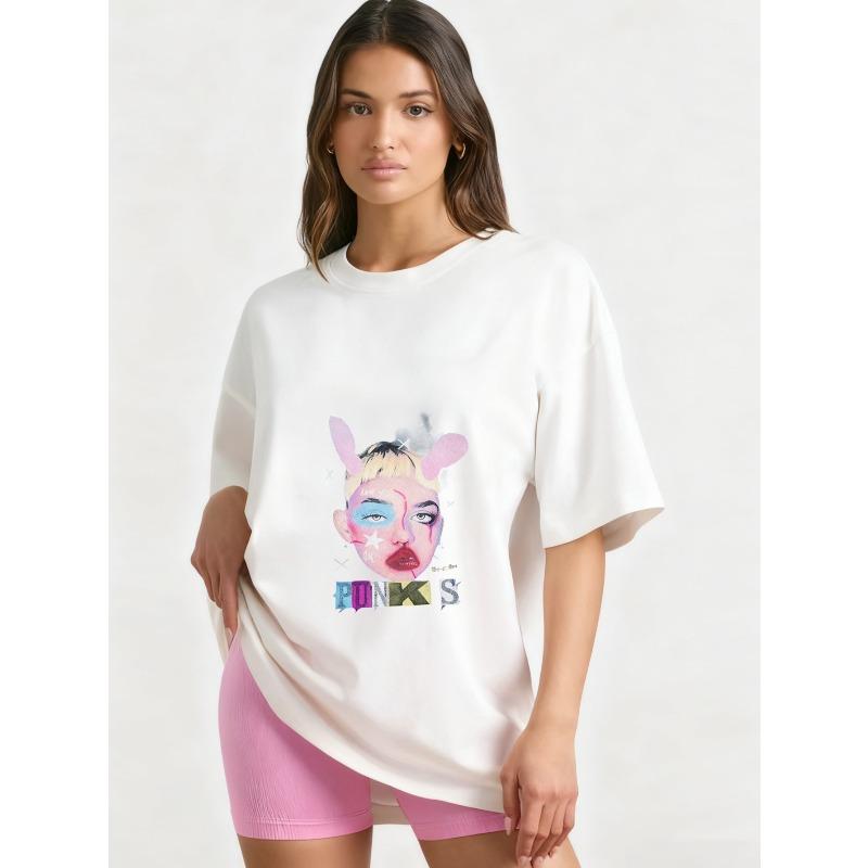 Oversized T Shirt Black Punk Style Graphic Print With Rabbit Ears And Colorful Face Art For Casual Wear