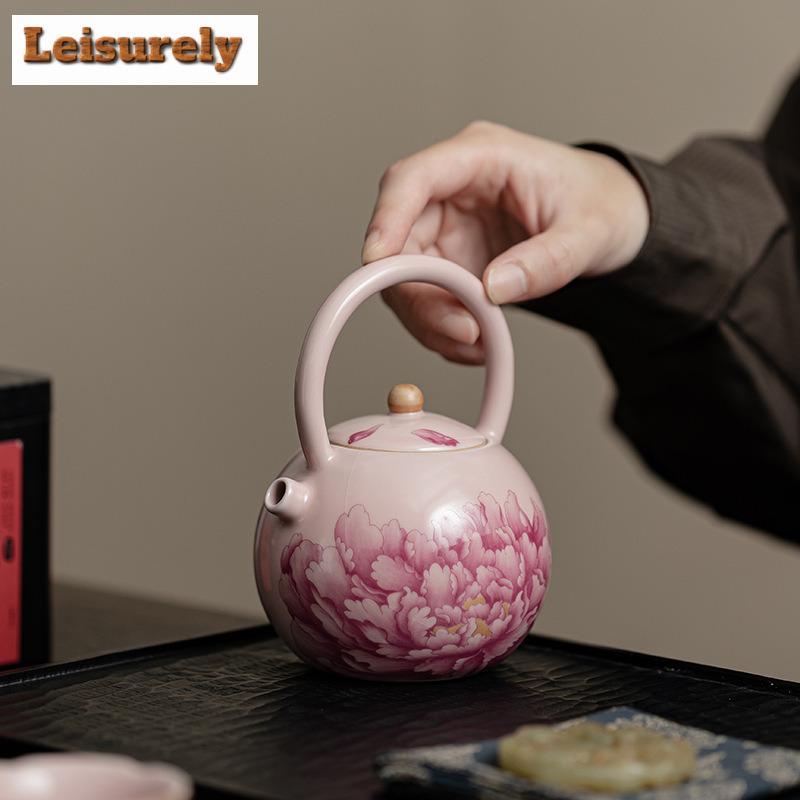 250ML Pink Ru Kiln Peony Flower Lifting Beam Teapot Boutique Tea Infuser Pot Tea Making Kettle with Strainer Teaware Ornaments