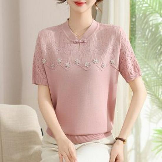 Chic Knitted Short Sleeve Summer Top for Women - Age-Defying Fashion for Middle-Aged and Elderly
