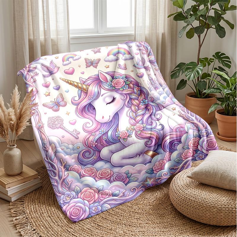 Fantasy Unicorn with Flowers Theme Blanket Lightweight Warm Flannel Blanket Decorative Throw Blanket for Home Decoration