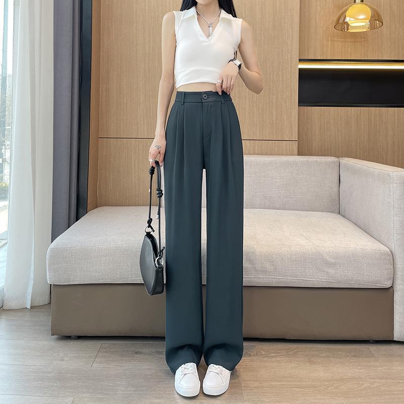 Wąskie drapowane spodnie szyfonowe Spodnie z szerokimi nogawkami dla kobiet Plus size Wysoki stan Jedwab lodowy Proste nogawki Wszechstronne spodnie garniturowe Cienkie letnie