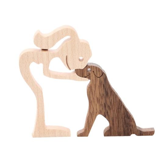 Hand Carved Wood Human And Dog Figurine Handmade Wooden Men Women Puppy Statue for Office Home Decor Decorative Sculpture for Dog Lovers