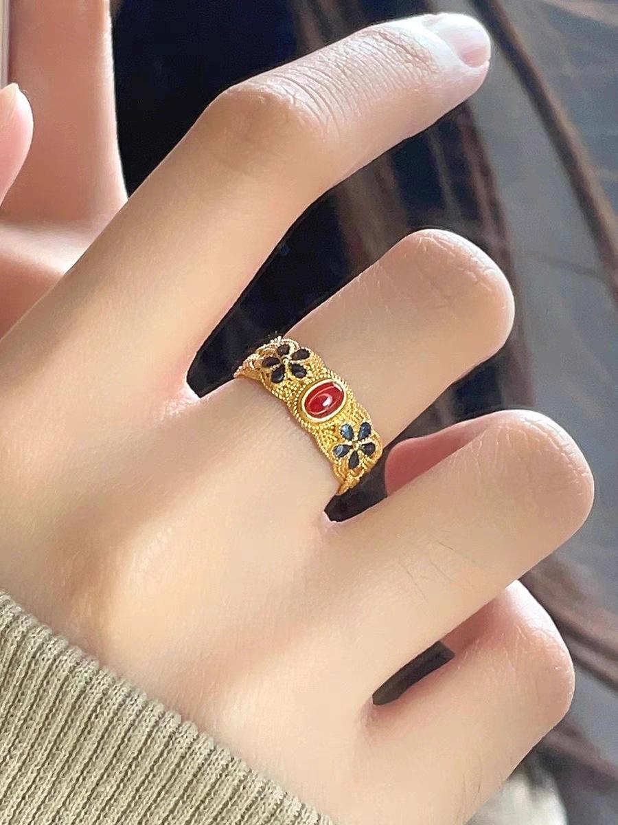 Guochao Retro Enamel Filigree Ring - Gesang Flower Chinese Style