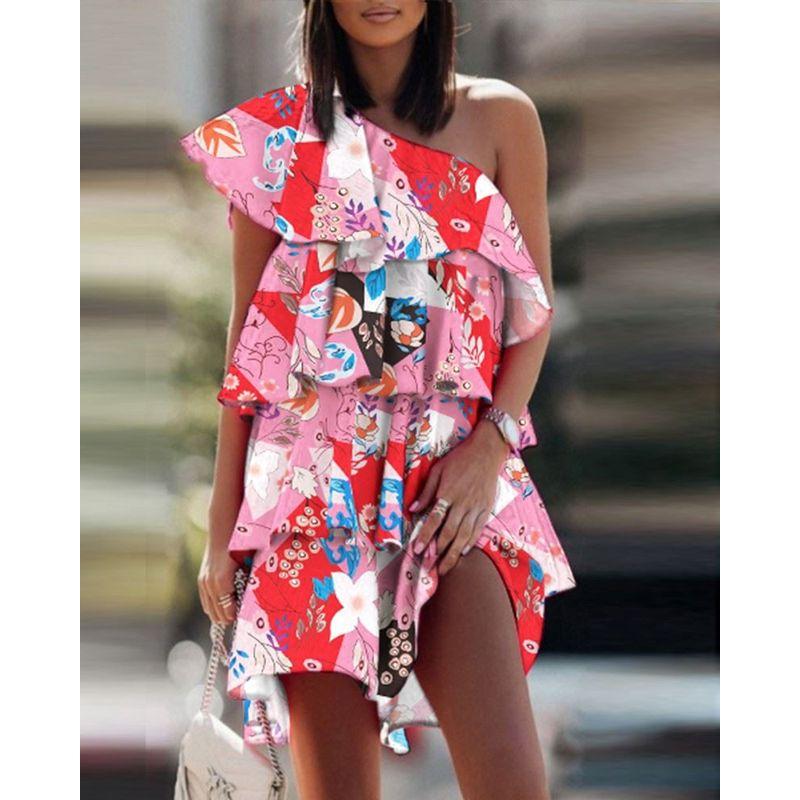Casual Printed Dress Oblique Shoulder Ruffles