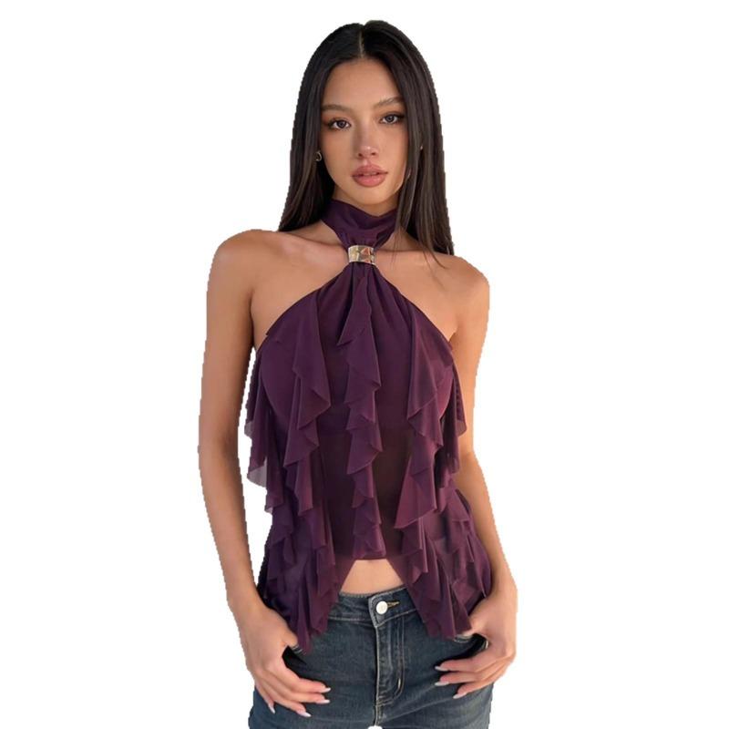 Women's Halter Neck Ruffle Top Sleeveless Backless Loose Fit Going Out Blouse