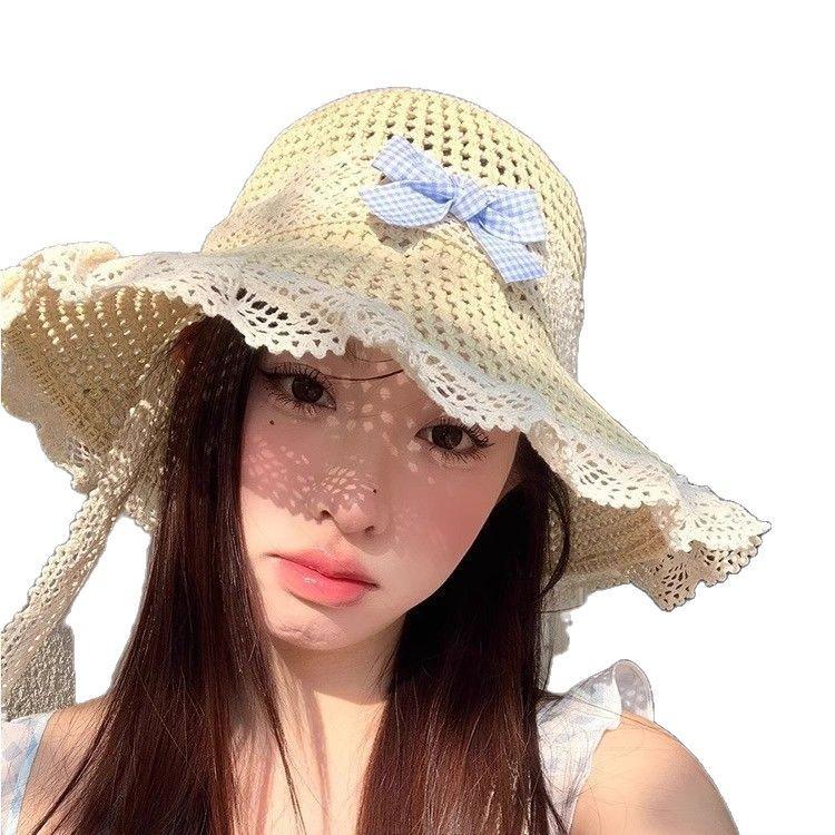 Women's Large Brim Bow Straw Hat - Japanese Pastoral Style, UV Protection, Summer Seaside Outdoor Sun Hat