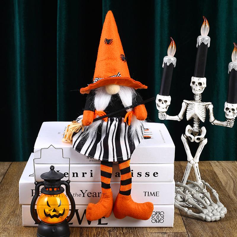 Halloween Witch Gnome Broom Decoration with Black Hat and Long Legs Pumpkin Ornament