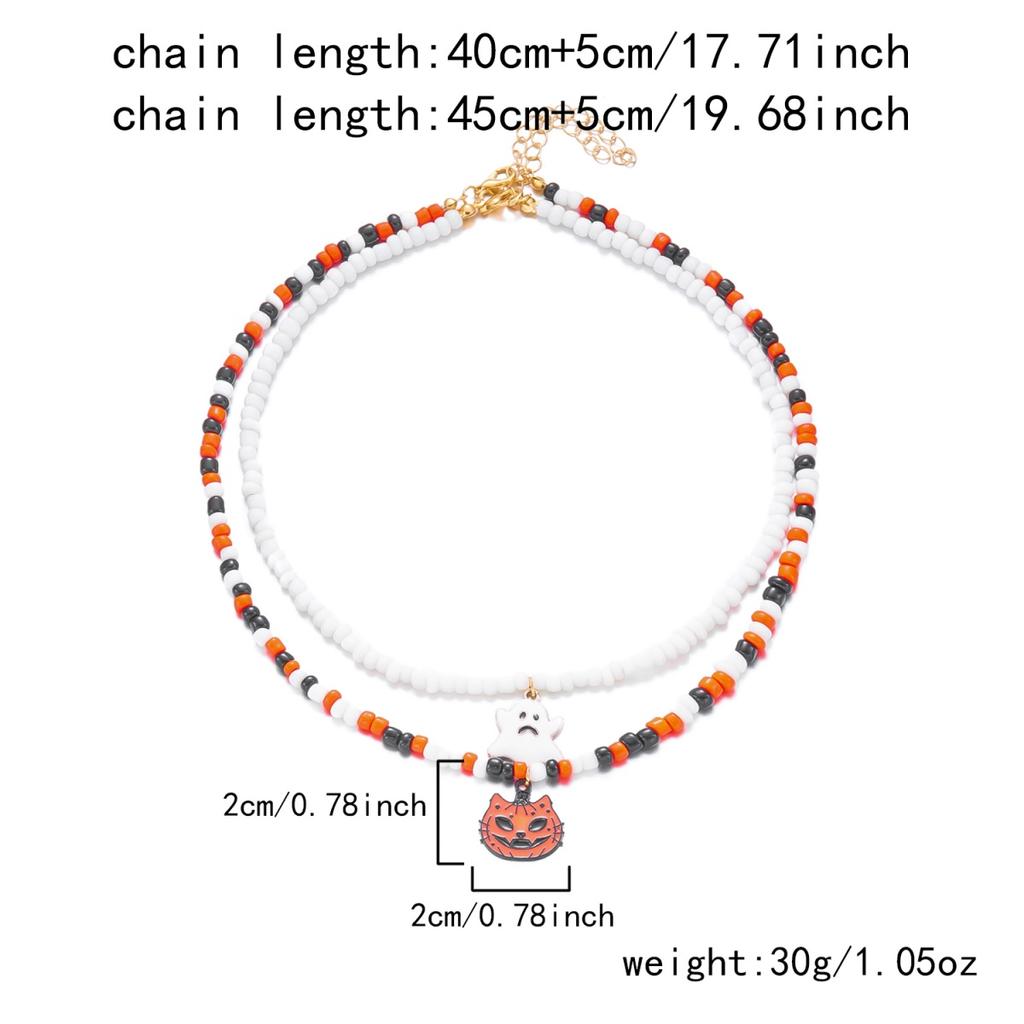 Halloween Pumpkin White Ghost Pendant Double Layer Necklace Resin Rice Beaded Chain Choker Gothic Jewelry Gifts For Women Men