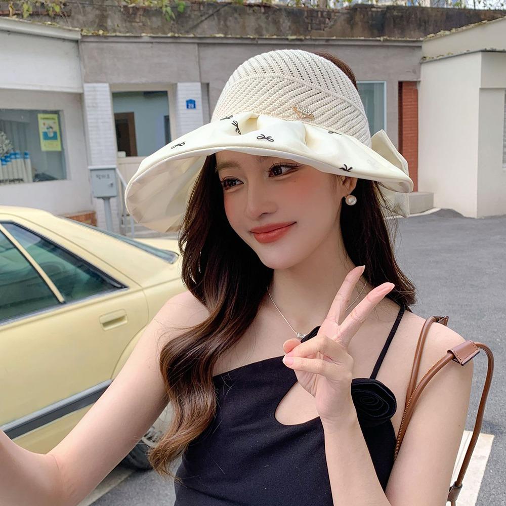 Bowknot Empty Top Sun Hat Sweet Foldable Visor Cap Cute Female Shell Hat  Outdoor