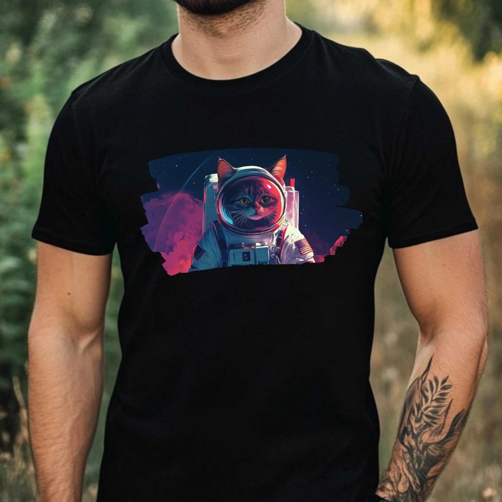 T-Shirt Herren Katze als Astronaut Motiv Baumwolle Größe XS bis 5XL S