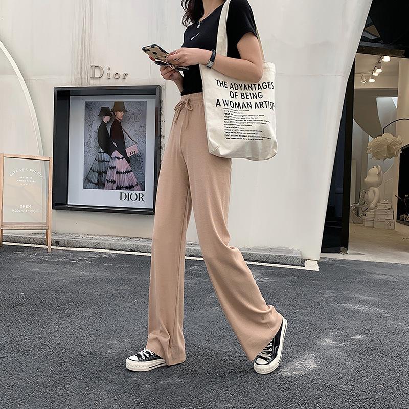 Summer Ladies Ice Silk Light Wide Leg Trousers Girl Solid Color High Waist Loose All-match Straight Casual Pants