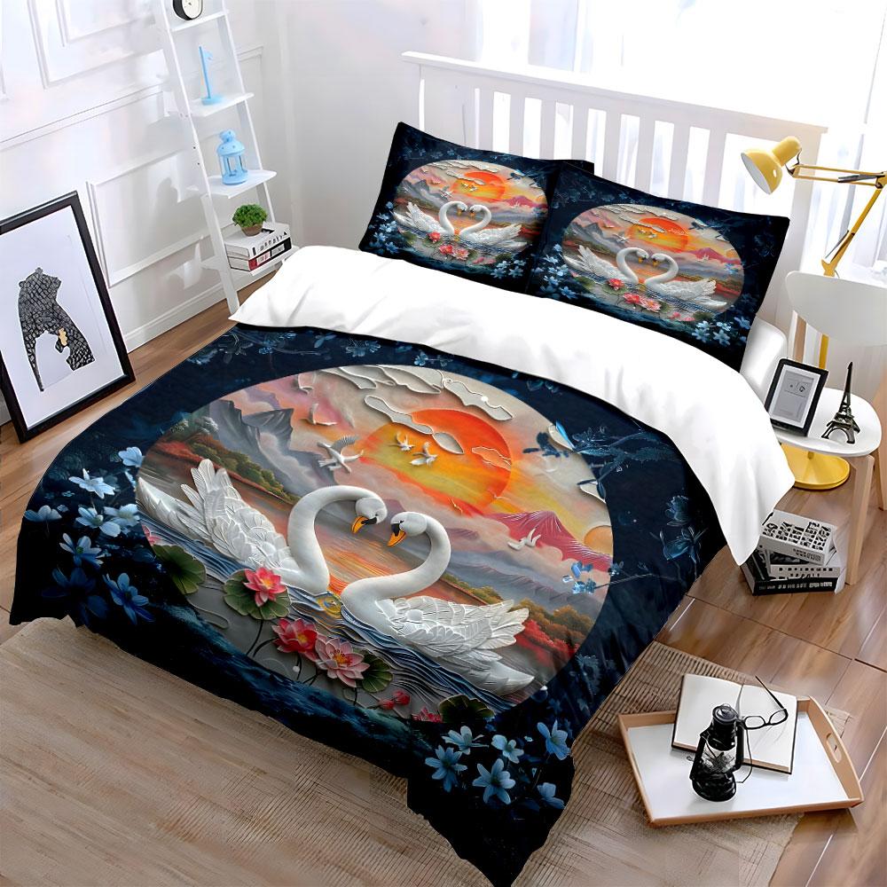 Romantic Swan Sunset Decoration Set Multiple Sizes Kid'S And Adults' Bedroom Exquisite 3Pc Bedding Set, Gift