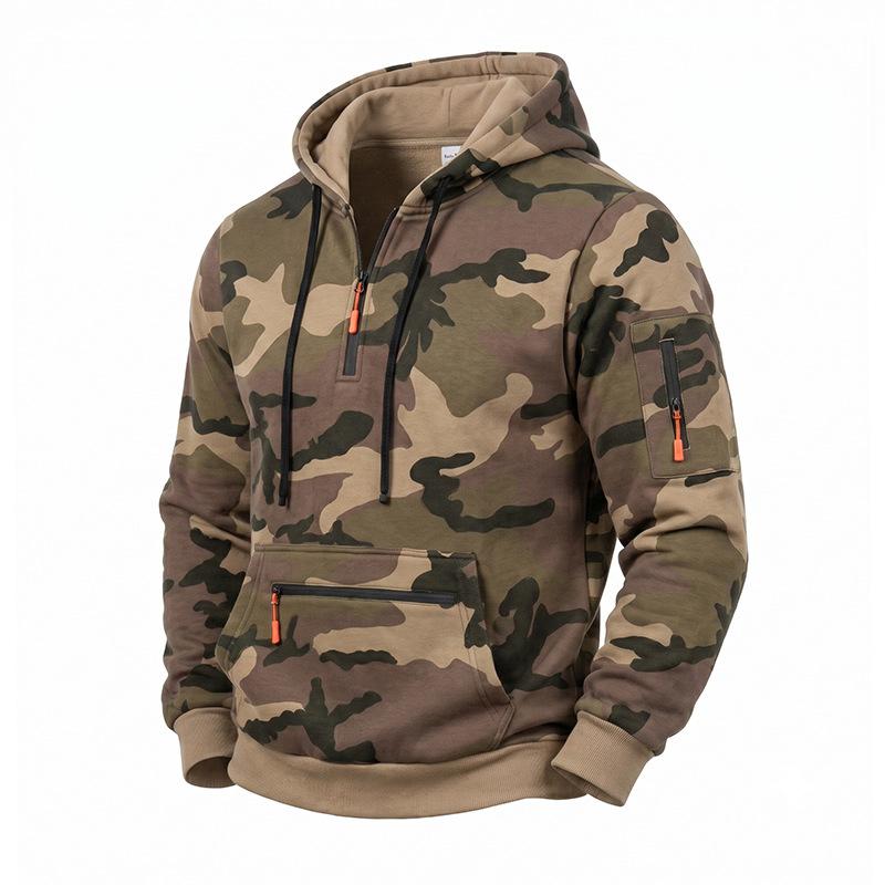 Men's Camouflage Half Zip Hoodie, Long Sleeve Drawstring Hooded Sweatshirt with Zipper Pockets, Casual Tactical Streetwear Pullover for Men