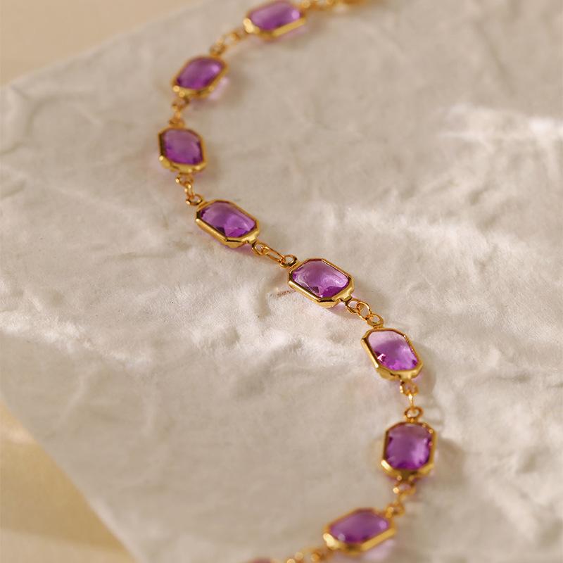 Gold Plated Amethyst Color Rectangle CZ Link Bracelet With Extension Chain