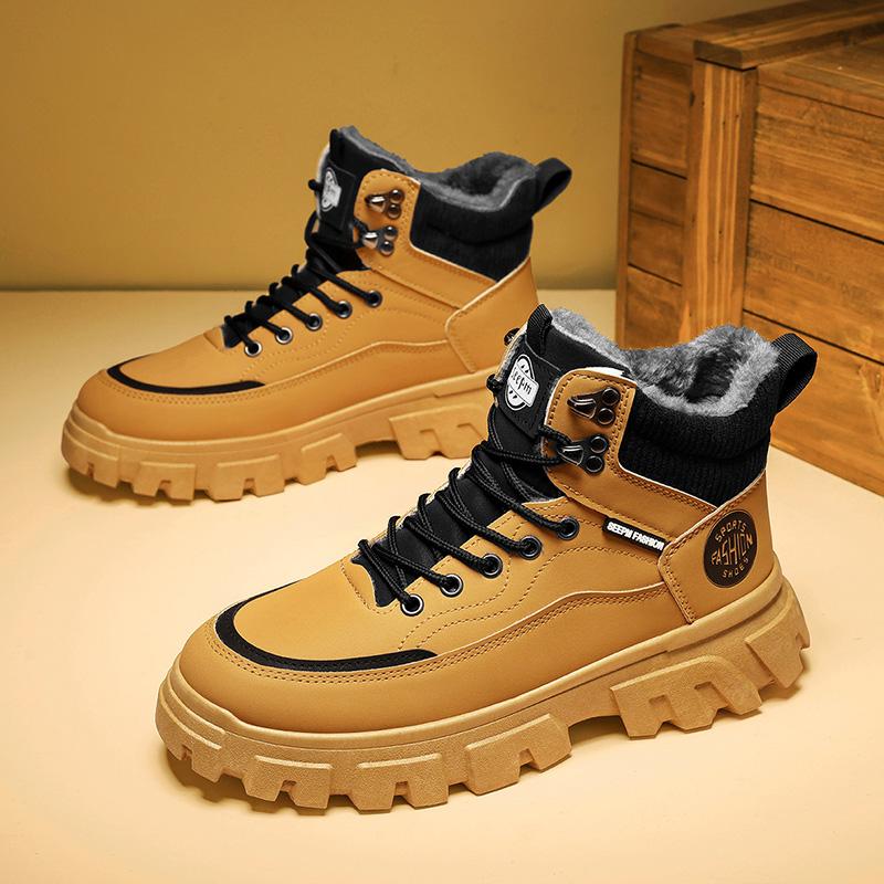 Boots for Men Versatile Winter High Top High-quality British Brand Short Boots with Anti Slip Thick Sole Warm Plush Cotton Shoes