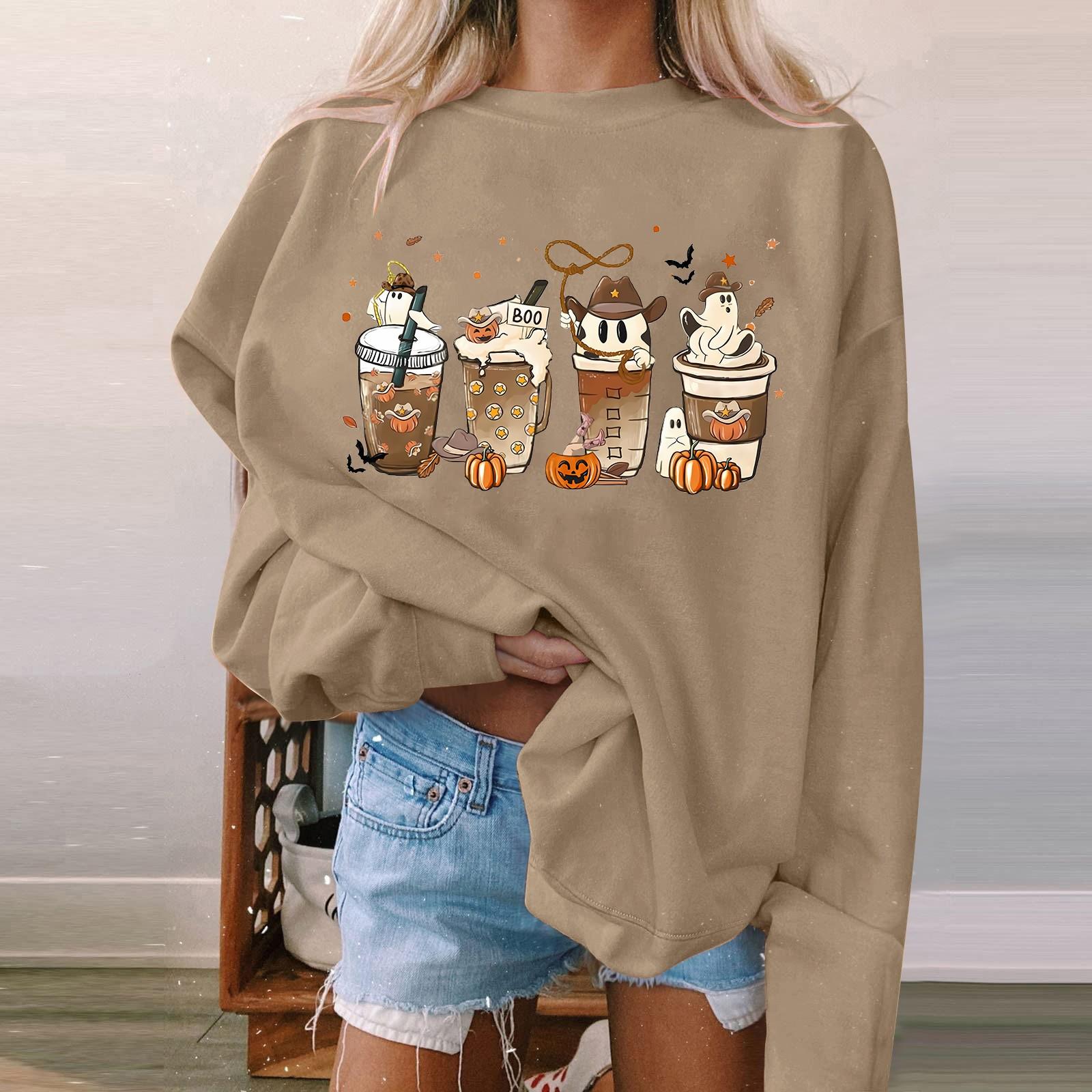 

Женский пуловер с принтом Хэллоуина, круглый вырез, заниженная линия плеча, блузка с длинными рукавами L кофейный