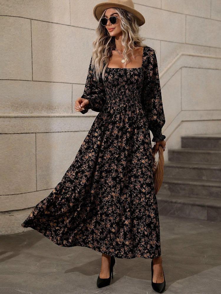 Elegant Floral Print Summer Dress for Women A Line Square Neck Long Sleeve Maxi Dress with Ruffle Hem